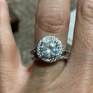 Wedding band/engagement ring set- silver with CZ